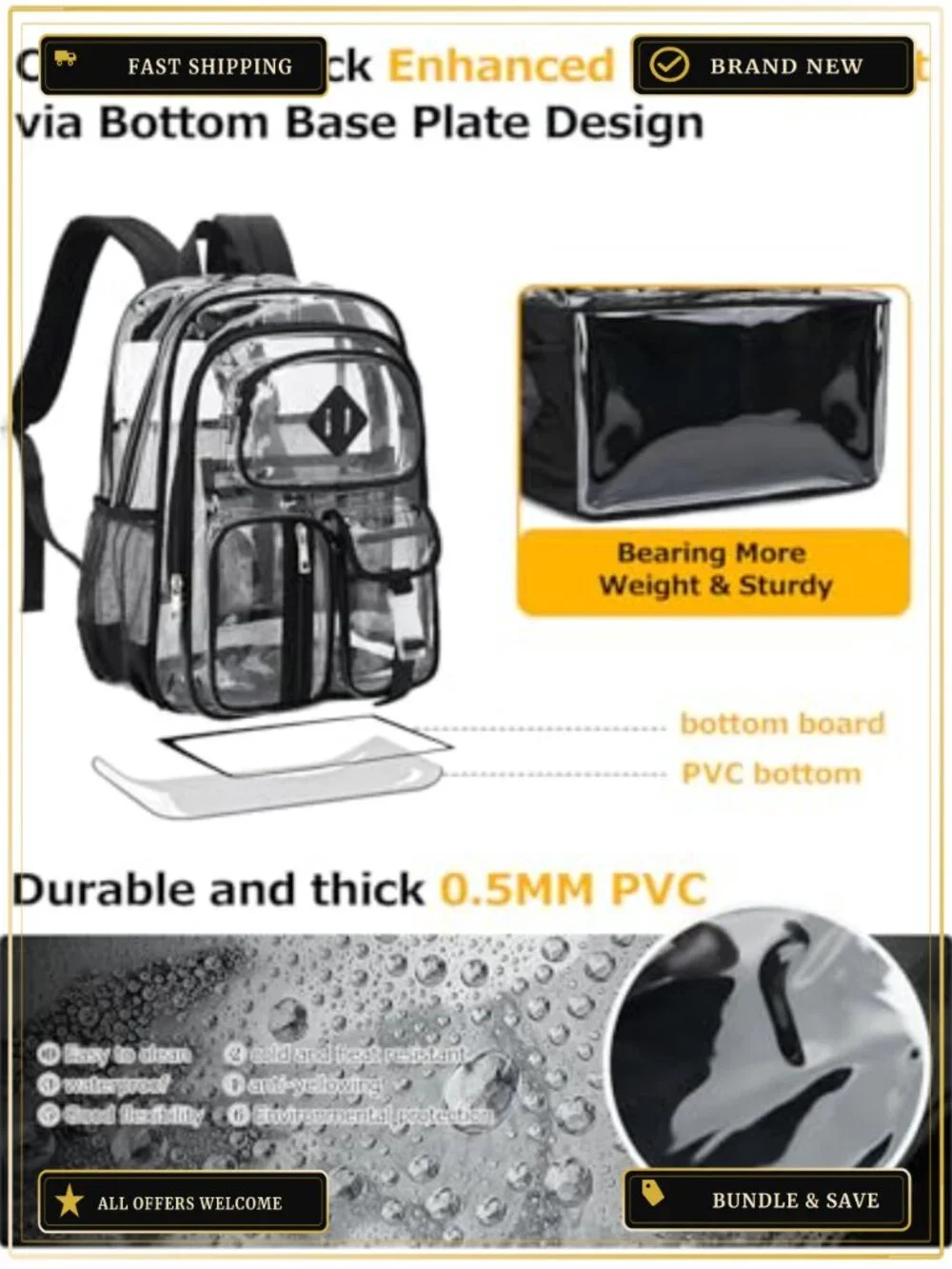 Heavy Duty Transparent PVC Clear Backpack Large See Through Bookbag for School